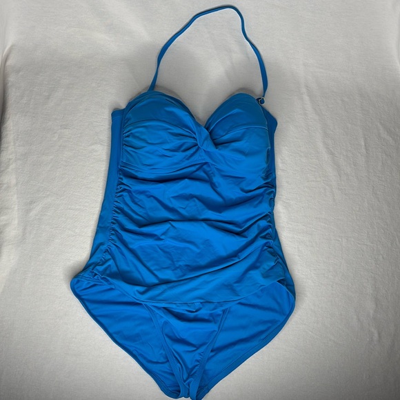 ANNE COLE turquoise blue convertible bathing suit Halter top / strapless SIZE 14 - Picture 1 of 8